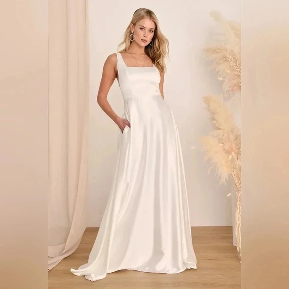 Lulu's Endless Radiance Ivory Satin Sleeveless Maxi Dress With Pockets Wedding - Picture 2 of 14